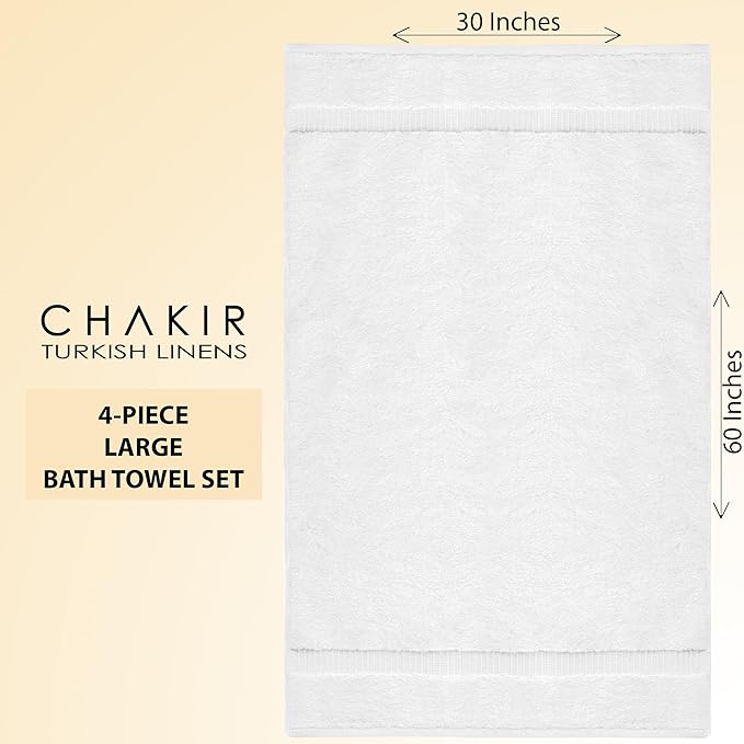 Chakir Turkish Linens 100% Cotton Premium Turkish Towels for Bathroom | 30'' x 60'' Large Bath Towels (4 Piece, White)