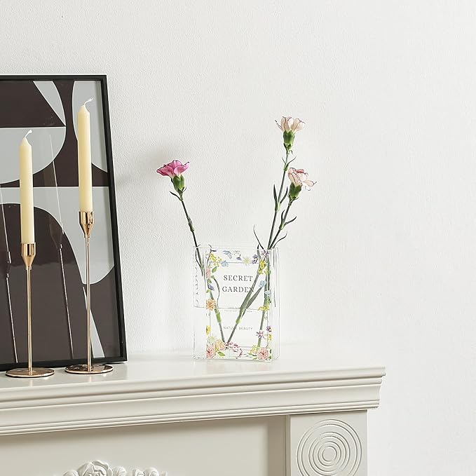 Glass Book Vase, Clear Book Vase for Flowers, Large Glass Vases, Modern Book Shaped Vases for Bedroom, Living Room, Office, Coffee Table, Bookshelf(Garden)