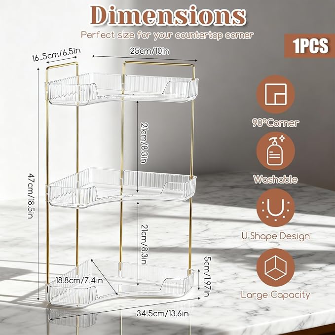 Corner Bathroom Counter Organizer, Vanity Makeup Cosmetic Storage, Makeup Organizer for Vanity, Perfume Tray Holder, 3 Tier Bathroom Countertop Organizers Shelf, for Dresser Kitchen Corner Storage