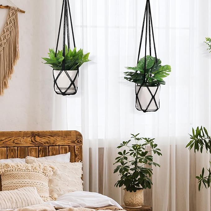 YIBOT Macrame Plant Hanger Indoor Set of 2 with 2 S Hooks, Indoor Outdoor Hanging Planter for Plants Holder with Decorative No Tassels, Boho Home Decor, 35 Inch, Black (Pots Not Included)