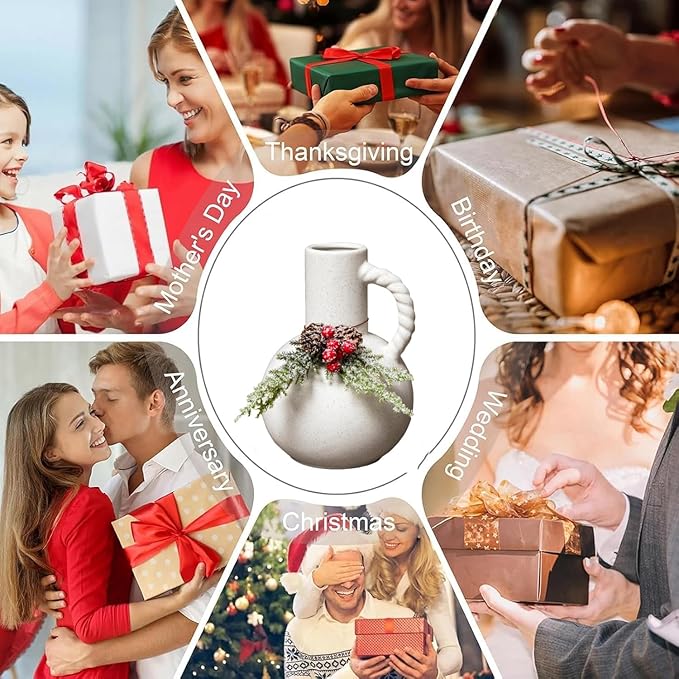 Ceramic Vase with Handles, Minimalist Modern Home Decor, Small Pampas Grass Vases for Table, Shelf Bookshelf, Mantel, Entryway Decorative Flower Vase Centerpieces for Dining Table