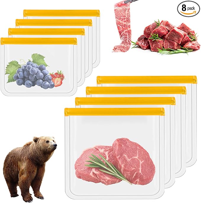 8 Pack Silicone Storage Freezer Bags, Waterproof Clear Document Holder with Zipper Seal, Reusable Food Storage Bags, Leakproof Food Storage Containers for Picnic, Work, Home Use
