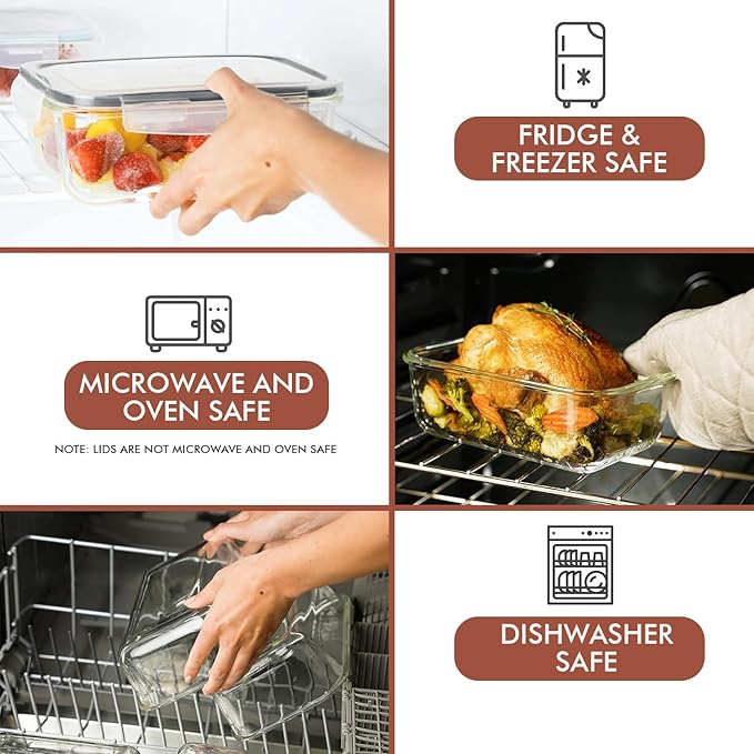 Razab 35 Pc Set Glass Food Storage Containers with Lids - Meal Prep Airtight Bento Boxes BPA-Free 100% Leak Proof (15 lids,15 glass & 5 Plastic Sauce/Dip Containers)