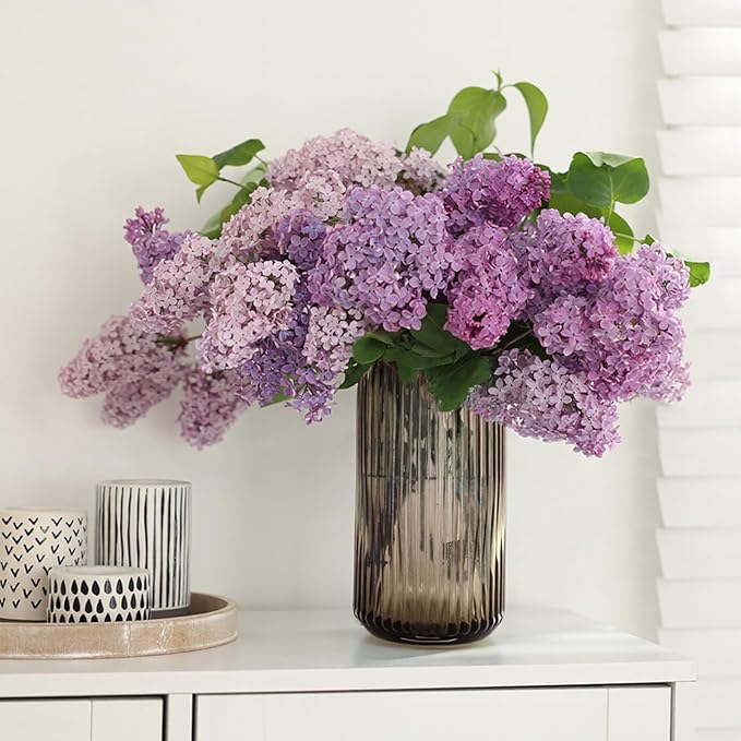 Thick Amber Glass Vase for Flowers, 10 Inch Tall Ribbed Flower Vase for Bouquet, Countertop, Bathroom Vanity, Living Room Decorative Vases for Flowers, Kitchen Shelf, Dining Table, Entryway