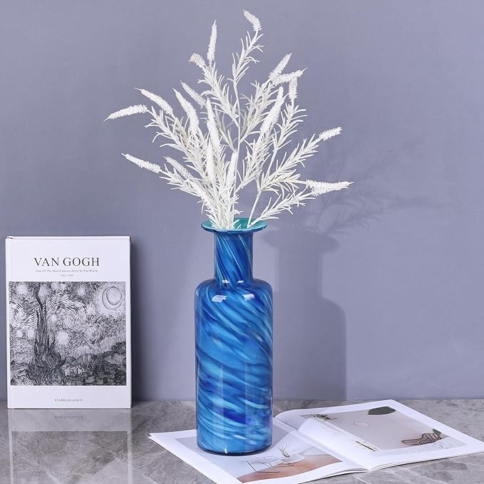 Blown Glass Cylindrical vase, Modern Art Glass Tall vase for Home Decoration Table Centerpiece, Wedding, Living Room Coffee Table, entryway Entry Table top, TV Cabinet Decoration and Ornament. (Blue)