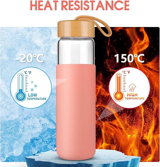 Borosilicate Glass Water Bottles with Silicone Sleeve BPA Free, Dishwasher Safe - Reusable Clear Glass Drinking with Leak Proof Bamboo Lid (Blooming Dahlia, 25 Ounces)