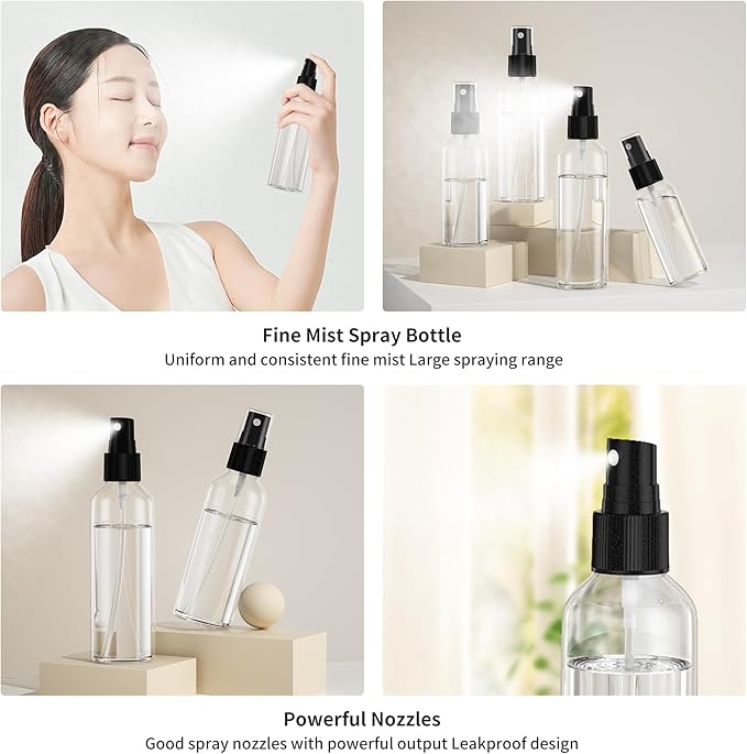 50PCS Small Travel Spray Bottles, 3.4oz/100ml Clear Fine Mist Plastic Empty Refillable Bottles for Skin Care, Hair Care, Plant Care & Home Cleaning