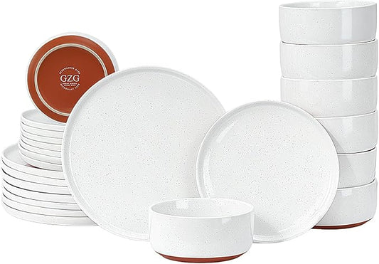 GZG Modern Art Series - 24 Pcs Speckled Stoneware Plates and Bowls Sets, Ceramic Dinnerware Set with Rustic Terracotta Underside, Microwave and Dishwasher Safe Handcrafted Dishes Set - Porcelain White