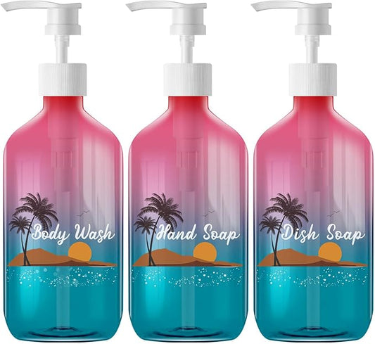3 Pack Gradient Color Pump Dispenser Bottle, Empty Clear Plastic Soap Dispenser Refillable Pump Containers, 500ml/16.9oz