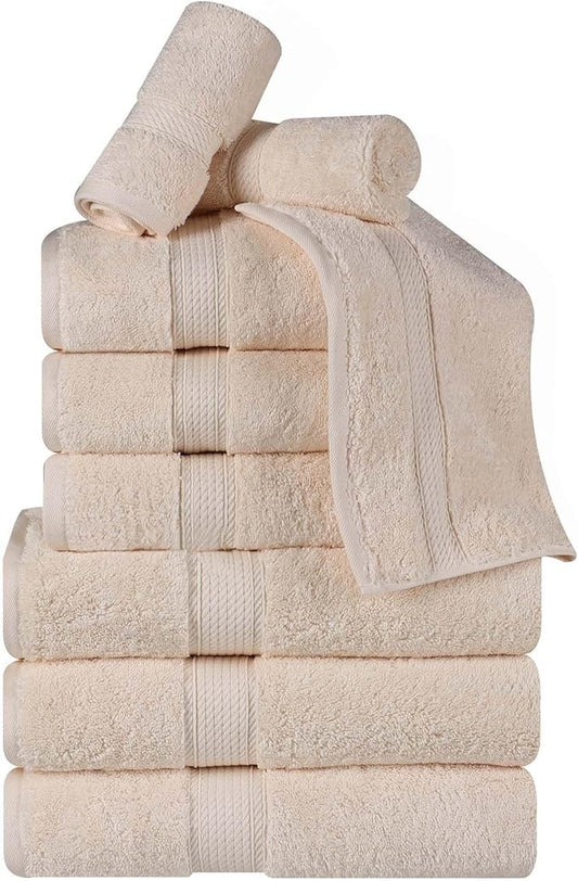 BNM Egyptian Cotton Heavyweight Towels, Ideal For Bathroom, Shower, Spa, Hotel, 800 GSM, Face/ Washcloths, Hand Towels, Bath Towels, Highly-Absorbent, Luxury Home Basics, 9 Piece Towel Set, Cream