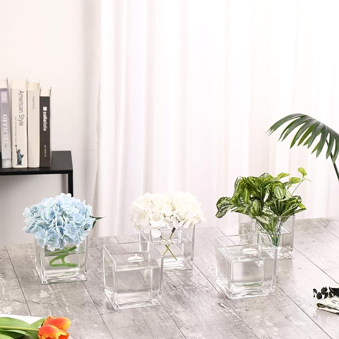 Square Clear Glass Vases Set of 6, 5" x 5" x 5" Flower Vases for Centerpieces, Square Vase for Centerpieces, Small Vase for Wedding, Party, Home Office Decoration