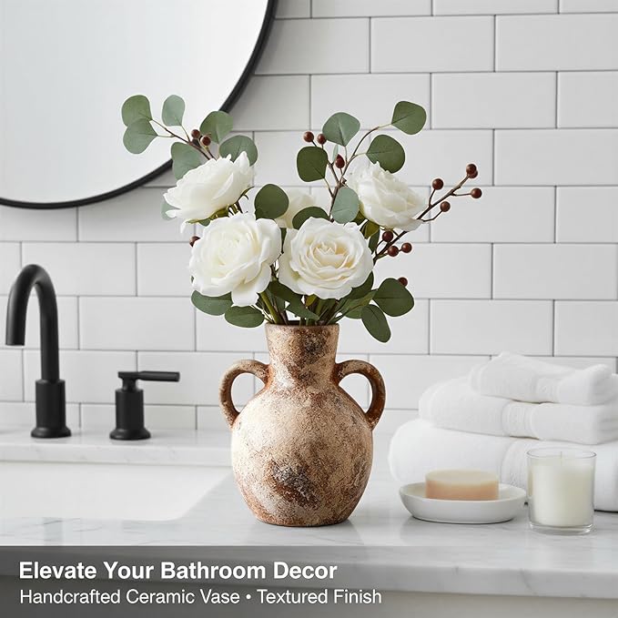 7.1-Inch Terracotta Ceramic Flower Vase with Handles, Rustic Farmhouse Boho Pottery Decor for Table, Living Room & Shelf