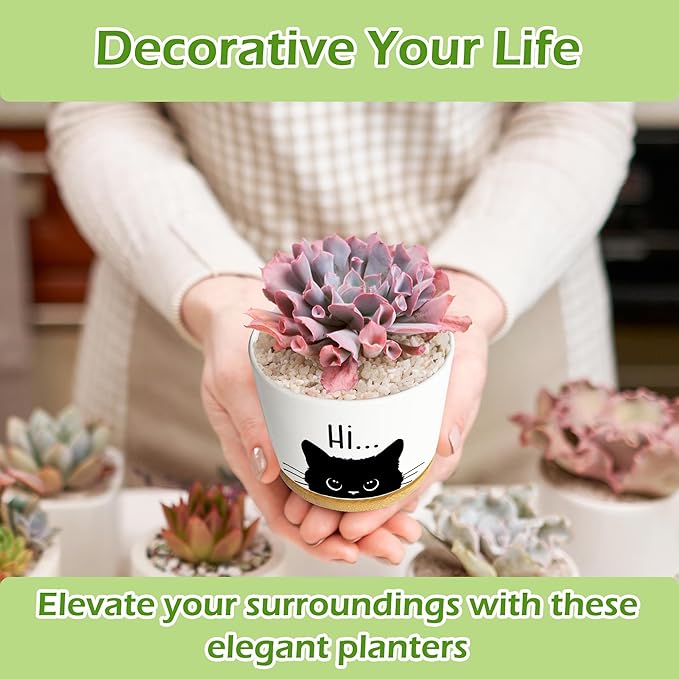 Kwtzkuo® Black Cat Ceramic Pot with Drainage Hole, Cat Planter Succulent Plant Flower Pot, Home Office Decoration for Plant Lovers Friends, Funny Cat Planter for Cat Lover
