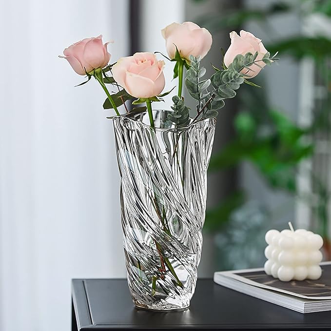 Glass Vase,Elegant Spiral Decorative Centerpiece for Home, Office,Wedding, Stylish Blown Glass Flower Vase, Clear