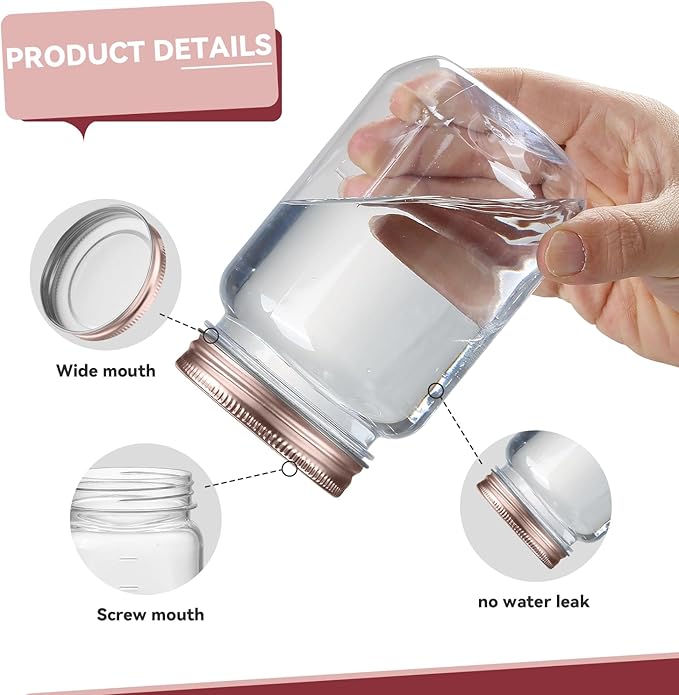 novelinks 16 oz Clear Plastic Jars with Screw-On Lids - BPA-Free Refillable Storage Containers for Slime, Food, Crafts, Kitchen & Household Use (24 Pack,Rose Gold)