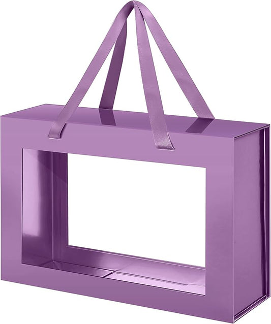 Large Purple Clear Gift Box, 13.5x9x4.1 Inches Gift Box with Window by Handle, Bridesmaid Proposal Box, Collapsible Gift Box with Magnetic Closure (Glossy Purple, 1 Pack)