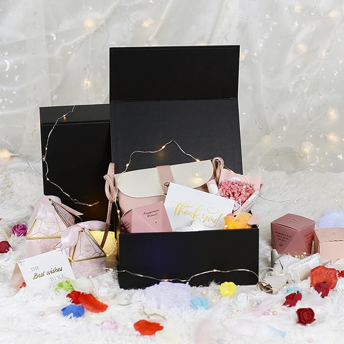 MOYEUPAC Black Gift Box,9" X 7" X 4" with Lids for Presents Magnetic Closure for Gift Packagingwith Ribbon, Gift Box for Birthday, Christmas,Thanksgiving