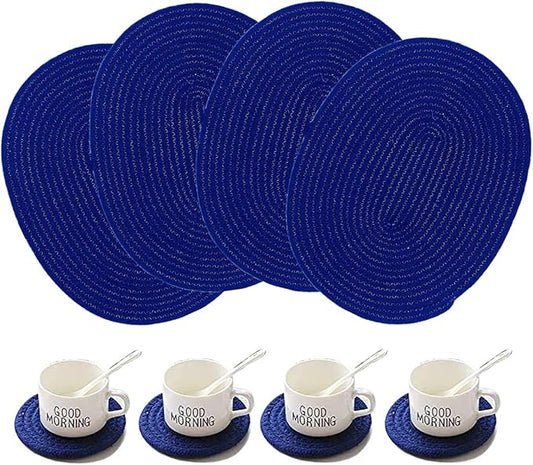 4 Pack Oval Woven Placemats, Blue Cotton Woven Plate Chargers with 4 Pack Round Coasters, Thick Heat Insulation Mats Household Table Mats Braided Bowl Mats Fabric Rustic Placemats for Dining