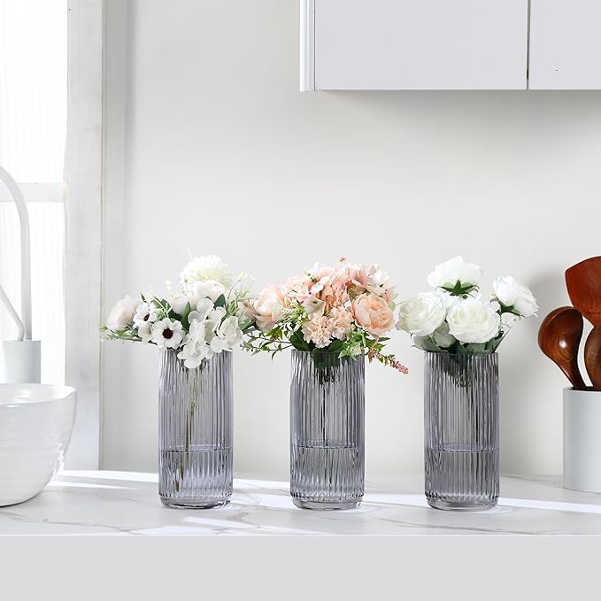 Black Glass Vases, Flower Vases Set of 3, Ribbed Glass Vase for Tulips, Tall Cylinder Glass Vases for Living Room, Bedroom, Dining Table, Office, Wedding, Bookshelf Decoration, 8 Inches