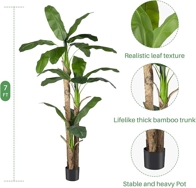 Artificial Banana Tree Faux Tall Plant Fake Banana Leaf Plant Faux Banana Silk Tree Faux Banana Leaves for Home Swimming Pool Indoor Outdoor Patio Tropical Decor