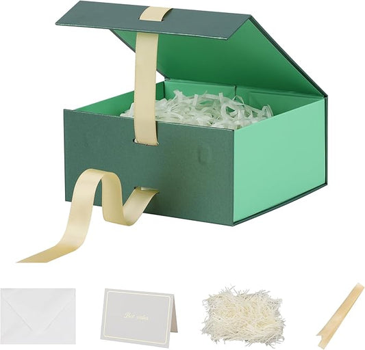 Small Gift Boxes with Lids 5 Pack 6X6X3 Inch Green Gift Box with Ribbon Christmas Gift Box Foldable Gift Boxes for Presents、Shredded Paper Filler & Cards