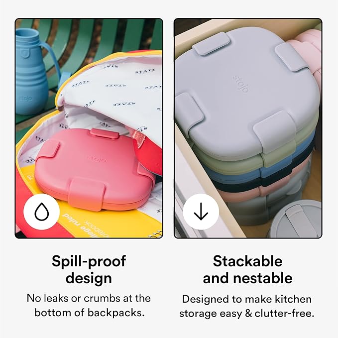 STOJO Jr Collapsible Box for Kids - Steel Blue, 24oz - Leak-Proof Reusable Silicone Travel Bowl for Hot & Cold Food - For Home, On-The-Go Camping & Hiking - Microwave & Dishwasher Safe