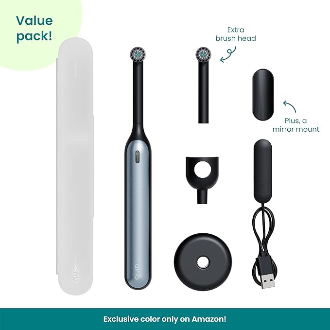 Quip Rev Oscillating Rechargeable Electric Toothbrush with Extra Brush Head - Soft Bristles, Pressure Sensor, 3 Intensities, 30-Day Battery Life, 2-Min Timer, Travel Case, Mirror Mount - Blue Stone