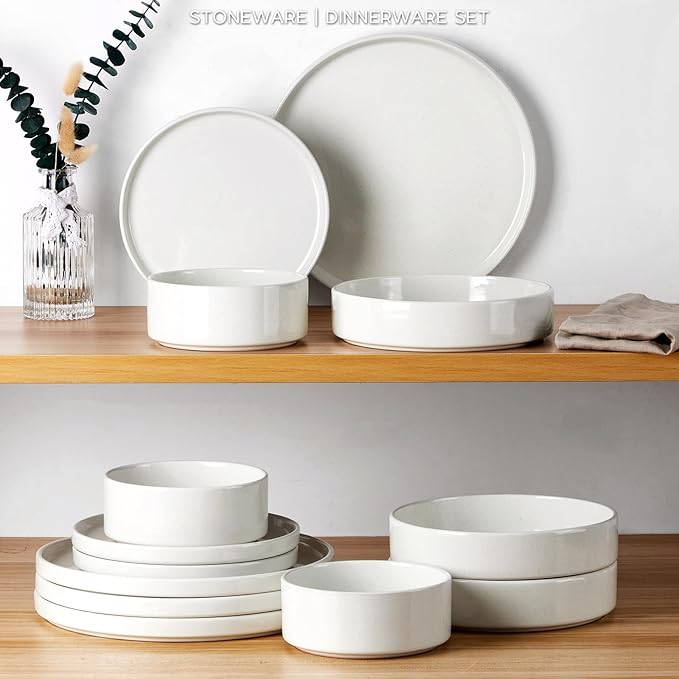 Onader 24 Piece Dinnerware Sets with Pasta Bowls for 6, Stoneware Plates and Bowls Dish Sets, Ceramic Speckled Dinner Dishware for Kitchen Dining, Microwave & Dishwasher Safe - Cloud White