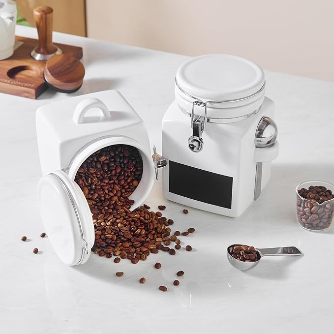 Ceramic Coffee Canister with Airtight Lid and Scoop, Large 74 Fl Oz / 2.2 L Kitchen Food Storage Container Jar for Grounds Coffee, Beans, Tea, Sugar, Flour, Cereal, Nuts, Cookie, White