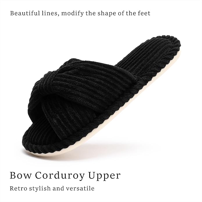 Chantomoo Slippers for Women Memory Foam House Womens Slipper Slides Home Bedroom Bathroom Spa Open Toe Corduroy Bow Slippers Cozy Comfortable