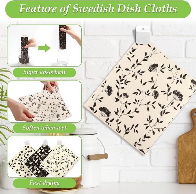 Lucomb 10 Pack Swedish Dishcloths with Hook, Eco-Friendly Reusable Paper Towels Washable Cellulose Sponge Swedish Dish Cloths for Kitchen Counter Cleaning