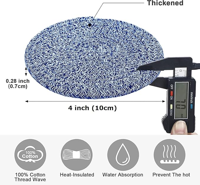 4 Pack Oval Woven Placemats, Mixed Blue Cotton Plate Chargers with 4 Pack Round Coasters, Thick Heat Insulation Mats Household Table Mats Braided Bowl Mats Fabric Rustic Placemats for Dining