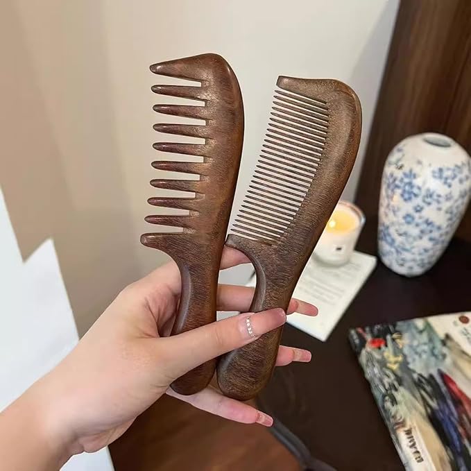 Letyvba Walnut Hair Comb, Wooden Comb for Women, Premium Antistatic Walnut 2-Piece Comb Set - Wide and Fine Tooth. For Women and Men with Curly, Wet, Long, Dry, or Thin Hair