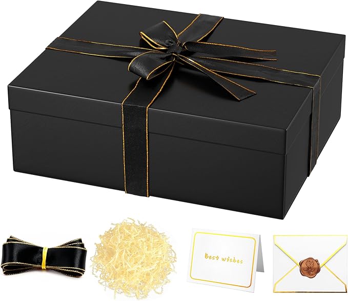 JOYIT Black Gift Box 16.5''x13''x5.5'' - Large Gift Boxes with Lid for Presents Packaging, Birthday, Christmas, Wedding, Anniversary, Big Gift Box with Ribbon, Shred Filler, Card, Wax Seal (Black)