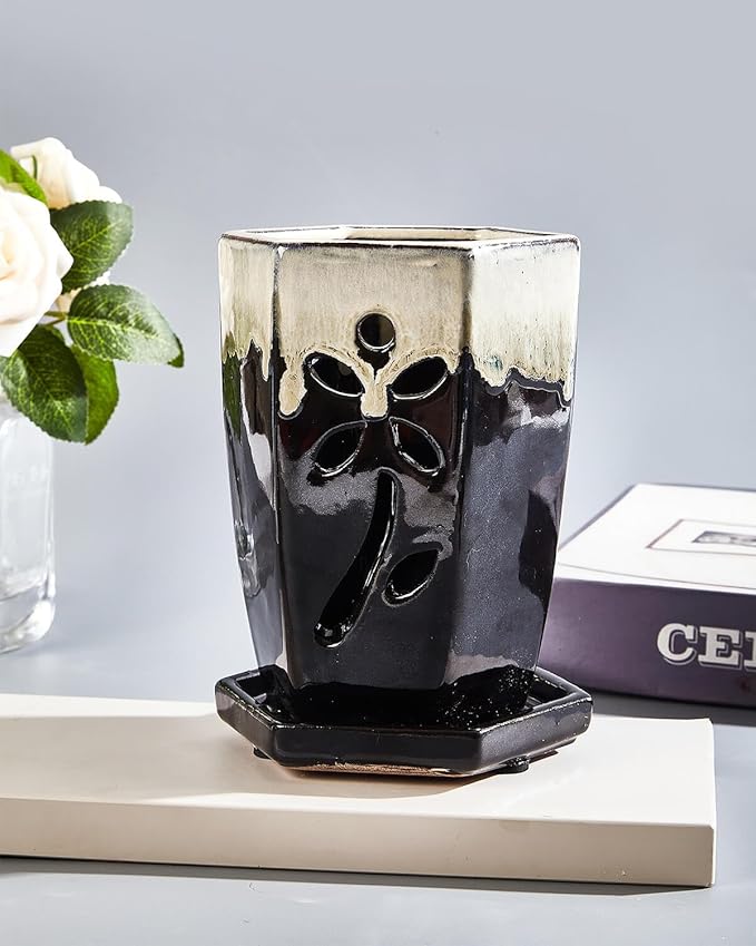 vensovo 4 Inch Ceramic Orchid Pots with Holes and Saucers - 1 Pcs Small Hexagon Succulent Pot for Repotting, Garden Flowerpots for Plants Indoor and Outdoor Promotes Air Circulation, (Black Mixed)