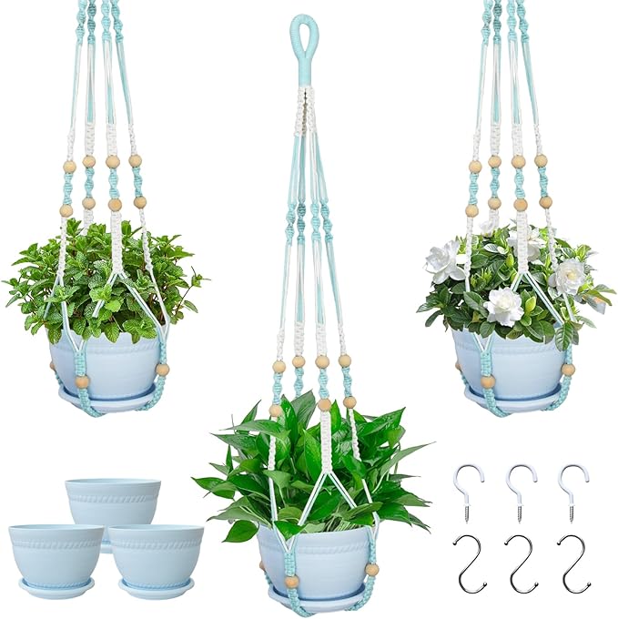Macrame Plant Hanger with Pot, 3 Set Hanging Planters for Indoor Plants, Handmade Cotton Rope Boho Home Decor, Idea Gift for Anyone, Includes Plant Holders, Pots, Plates and Hooks (Mixed Color-2)