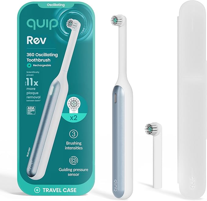 Quip Rev Oscillating Rechargeable Electric Toothbrush with Extra Brush Head - Soft Bristles, Pressure Sensor, 3 Intensities, 30-Day Battery Life, 2-Min Timer, Travel Case, Mirror Mount - Blue Mist