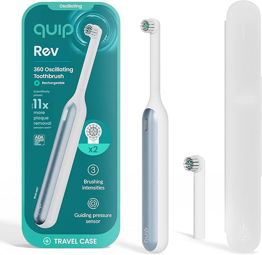 Quip Rev Oscillating Rechargeable Electric Toothbrush with Extra Brush Head - Soft Bristles, Pressure Sensor, 3 Intensities, 30-Day Battery Life, 2-Min Timer, Travel Case, Mirror Mount - Blue Mist