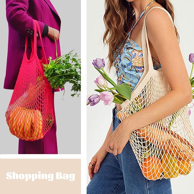 Zyzhogar 3 Pack Cotton Mesh Grocery Bags,Reusable Grocery Net Bags Washable Fruit and Vegetable Storage Bag Long Handle Net Tote Shopping Bags for Farmers Market, Grocery,Shoping or Trip,Hot Pink