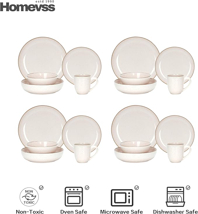 HomeVSS 20-Piece Dinnerware Set - Serves 4, Bright Glaze Peach plates and bowls sets with Speckle Effect for Microwave & Dishwasher Safe