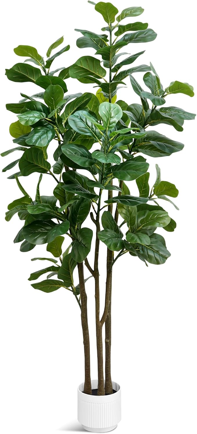 Faux Fiddle Leaf Fig Tree, 6ft Faux Plant Fake Ficus Silk Trees with White Planter, Artificial Fig Trees Floor Plants for House Office Living Room Indoor Home Decor (Fiddle Leaf)