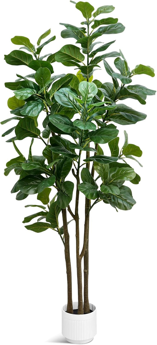Faux Fiddle Leaf Fig Tree, 6ft Faux Plant Fake Ficus Silk Trees with White Planter, Artificial Fig Trees Floor Plants for House Office Living Room Indoor Home Decor (Fiddle Leaf)
