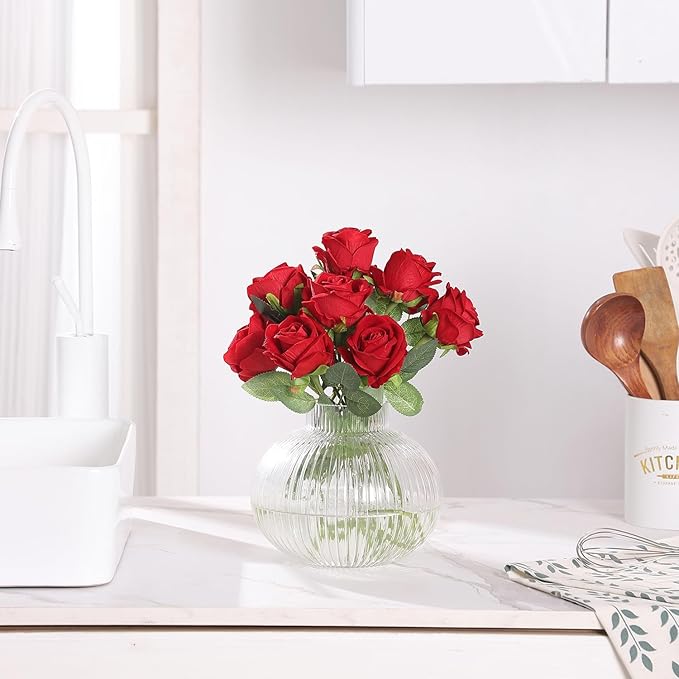 Round Glass Vase, Flower Vases for Bouquet, Ribbed Glass Vases for Flowers, Small Clear Vase for Living Room, Office, Coffee Table, Shelf, Wedding, 6 Inches