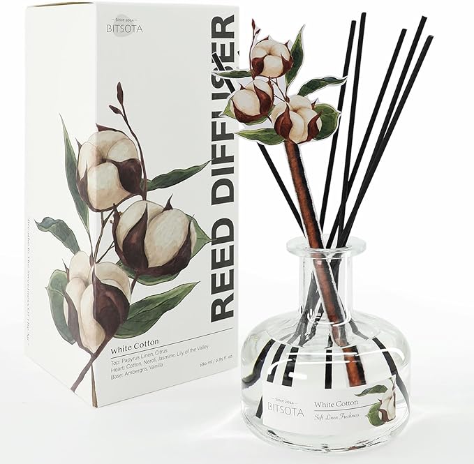 White Cotton Reed Diffuser Set, Large 9.85oz (280ml) Aroma Scented Oil Diffuser with Sticks, Long-Lasting Home Fragrance for Bedroom, Bathroom & Office Decor, Ideal Gift for Women