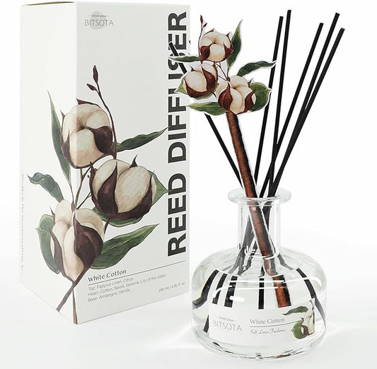 White Cotton Reed Diffuser Set, Large 9.85oz (280ml) Aroma Scented Oil Diffuser with Sticks, Long-Lasting Home Fragrance for Bedroom, Bathroom & Office Decor, Ideal Gift for Women