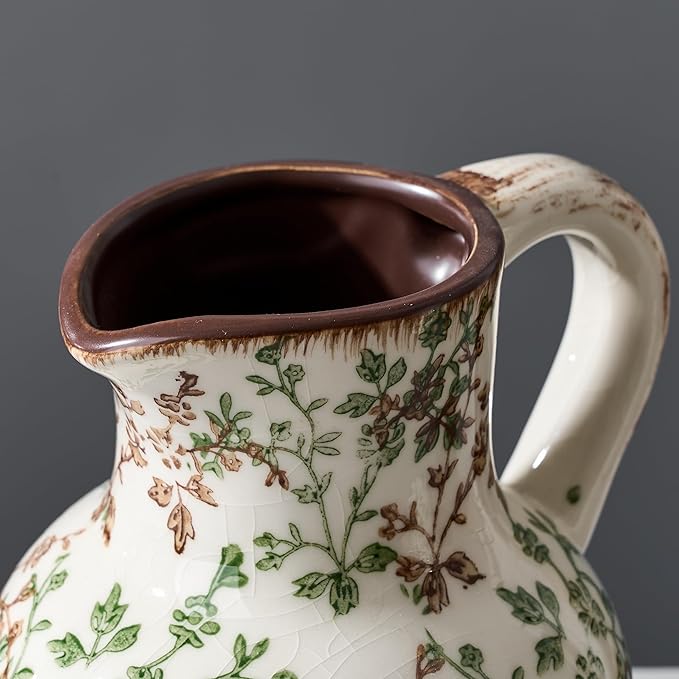 SIDUCAL Ceramic Vase with Handle, Vintage Vase, Chinoiserie Floral Vase for Home Decor, Table, Living Room, Shelf, Christmas Decoration (Green and Beige)