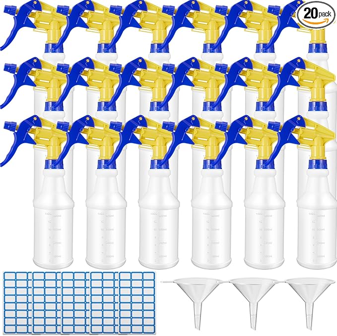 Eccliy 20 Pack 16oz Empty Spray Bottles, Leakproof Cleaning Bottles with Measurement and Adjustable Nozzle for Housekeeping, Commercial Use(Cylinder,Blue Yellow Spray Head)