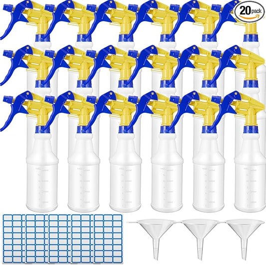 Eccliy 20 Pack 16oz Empty Spray Bottles, Leakproof Cleaning Bottles with Measurement and Adjustable Nozzle for Housekeeping, Commercial Use(Cylinder,Blue Yellow Spray Head)