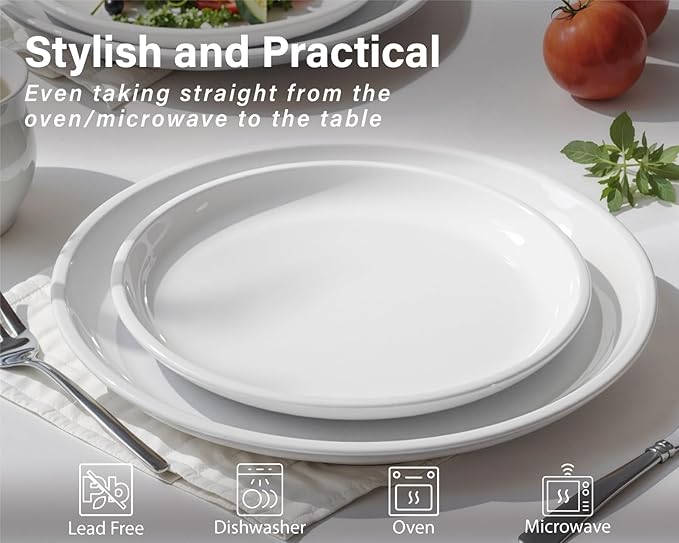 ONEMORE Plates and Bowls Set for 4 - Microwave & Dishwasher Safe Porcelain Dinnerware Set Service for 4 - Ceramic Dishes Set(12 Pcs) - White