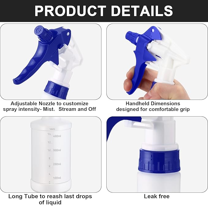 Eccliy 12 Pcs 16 Oz Plastic Spray Bottle, Adjustable Empty Reusable Sprayer for Cleaning, Planting, Water, Bathroom and Kitchen, BBQ, Commercial and Residential(Blue & White,Measurement)